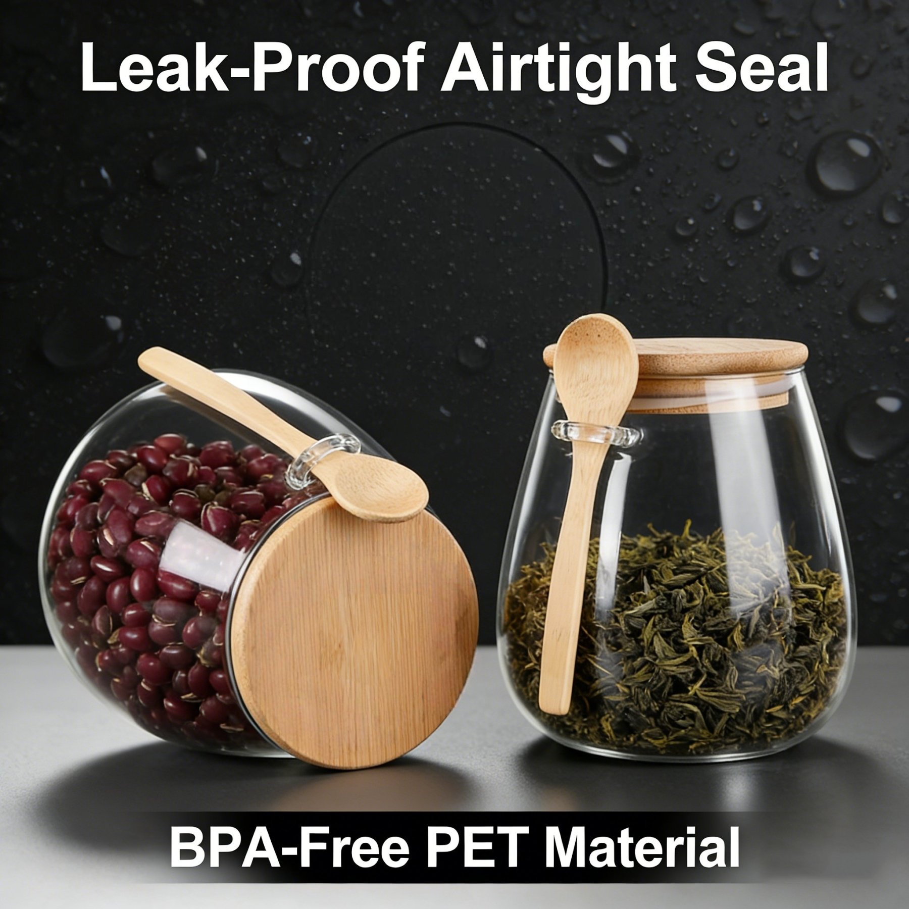 Sealed Glass Storage Jar with Bamboo Lid, Leak-Proof, Wide Mouth Design, Spoon Included 🍶🌿