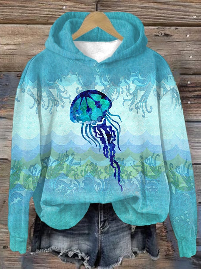 Women's Casual Sea Turtle Print Hooded Long Sleeve Sweatshirt