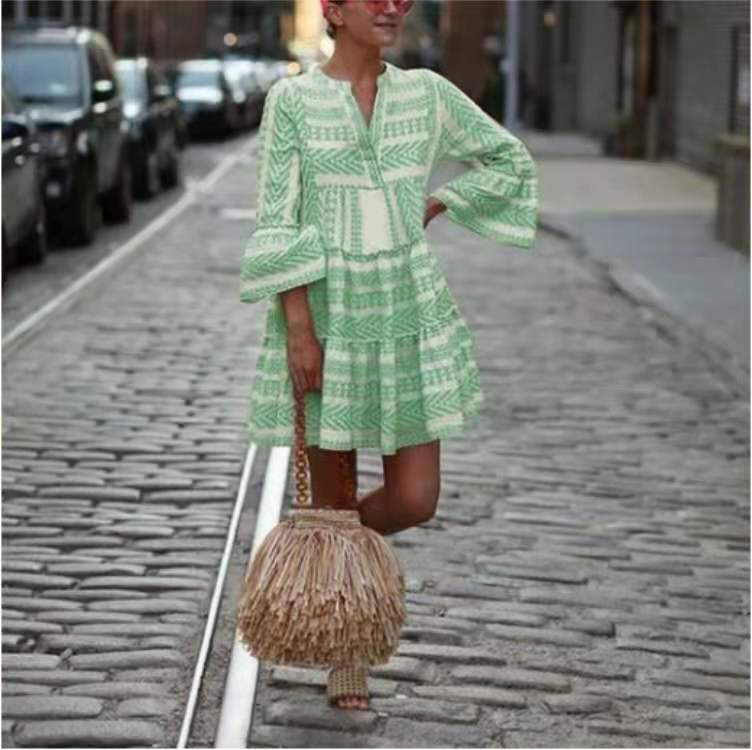 Street Style V Neck Geo Print Dress