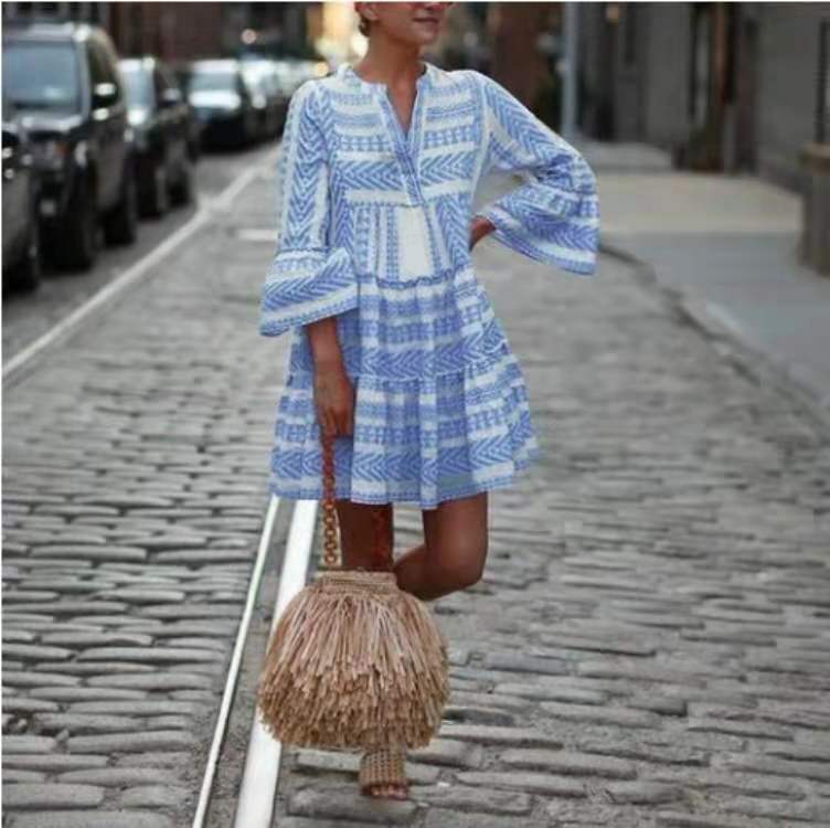 Street Style V Neck Geo Print Dress
