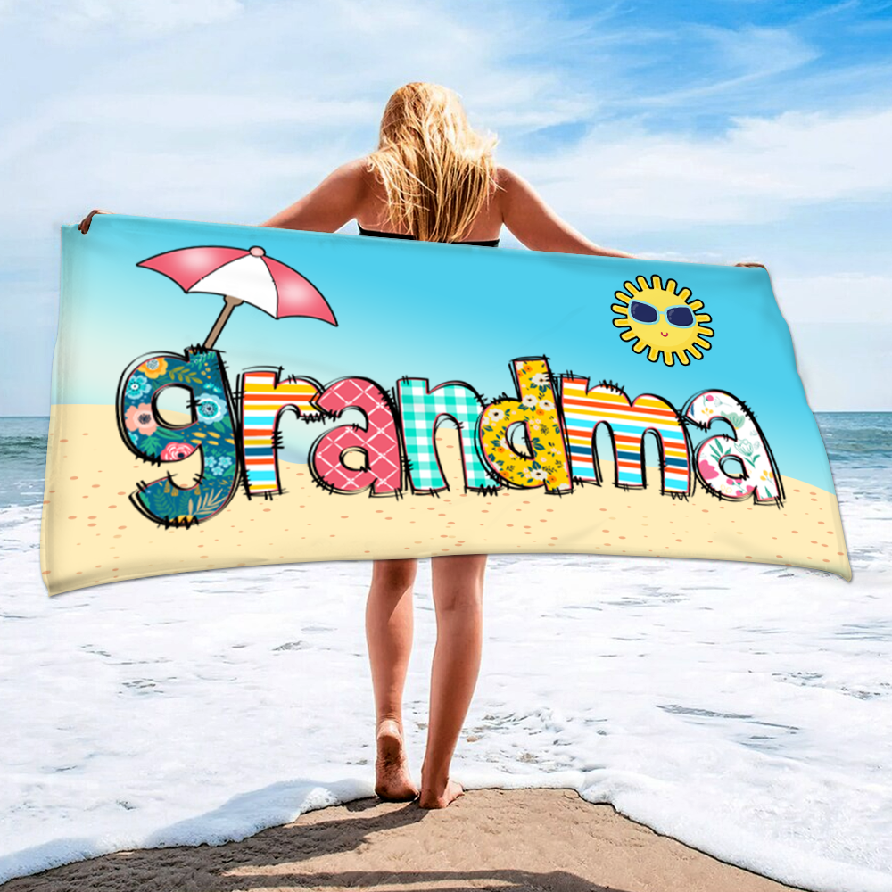 Custom Grandma And Kids, Grandma's Beach Summer Towel