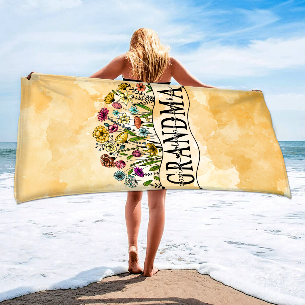 Personalized Summer Beach Towels, Flowers Gifts for Grandma and Custom Kids , Summer Beach Towels