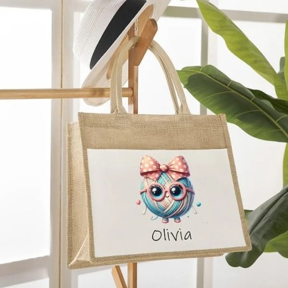 Personalized Cute Bow Cartoon Crochet Pattern Large Jute Tote Bag with Name Travel Accessories Birthday Holiday Gift for Knitting Lovers Women