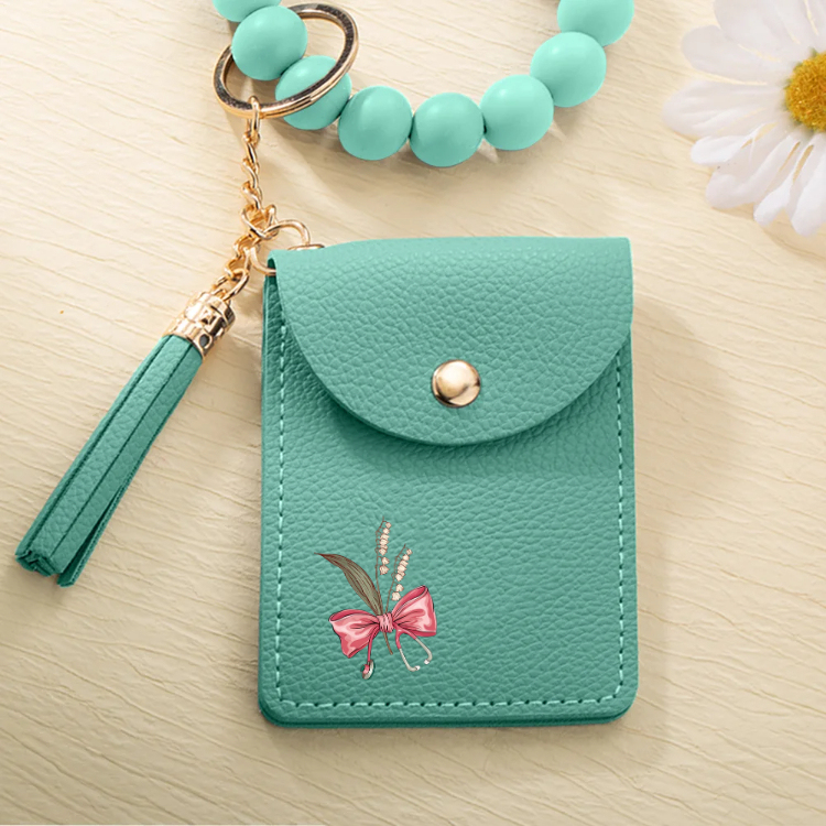 Personalized Birth Flower Bow-knot Stethoscope Tassel Keychain Wristlet Leather Wallet  Gift