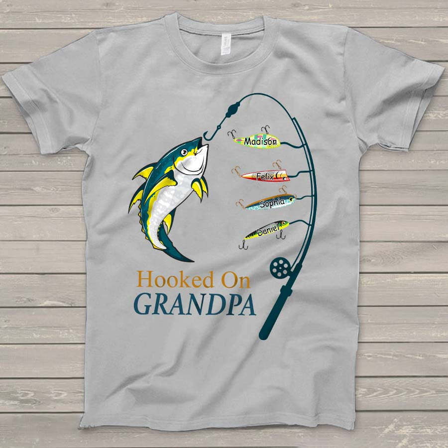 Personalized Hooked On Grandpa Shirt, Fishing Dad Shirt, Father's Day Shirt
