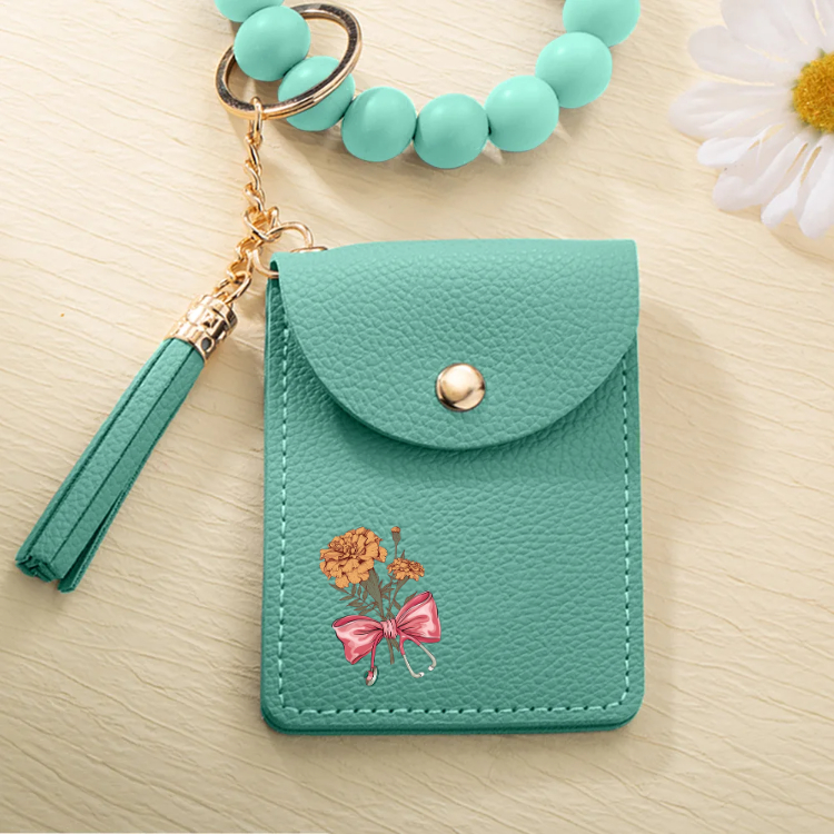 Personalized Birth Flower Bow-knot Stethoscope Tassel Keychain Wristlet Leather Wallet  Gift