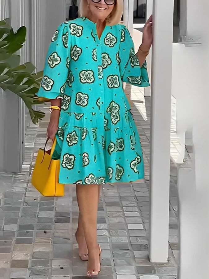 European And American Style Casual All-Match Printed Puff Sleeve Dress