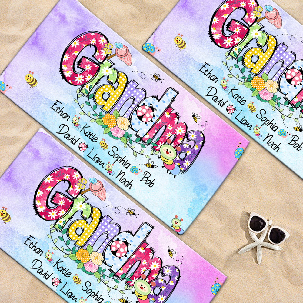 Personalized Summer Beach Towels, Flowers Gifts Grandma, Custom Nickname And Kids, Summer Beach Towels