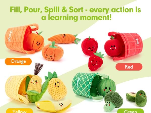 Hahaland 16Pcs My First Fruit Vegetable Color Sorting Play Food-Crinkle,Rattle,preschool Toy,Baby Toys 6-12 Months Montessori learning Toys for 1 Year Old Boy Girl Gifts Toddler Easter Basket Stuffers