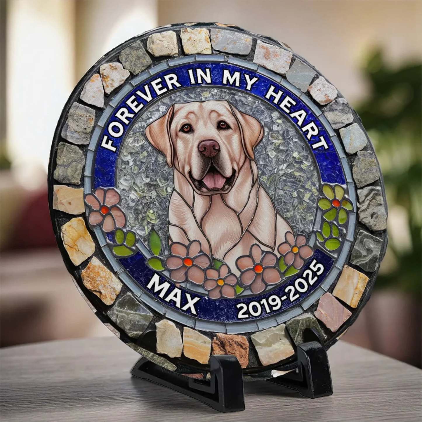 Custom Photo Forever Loved, Never Forgotten - Memorial Personalized Custom 3D Mosaic Faux Stained Glass Print Round Shaped Memorial Stone - Sympathy Gift For Pet Owners, Pet Lovers