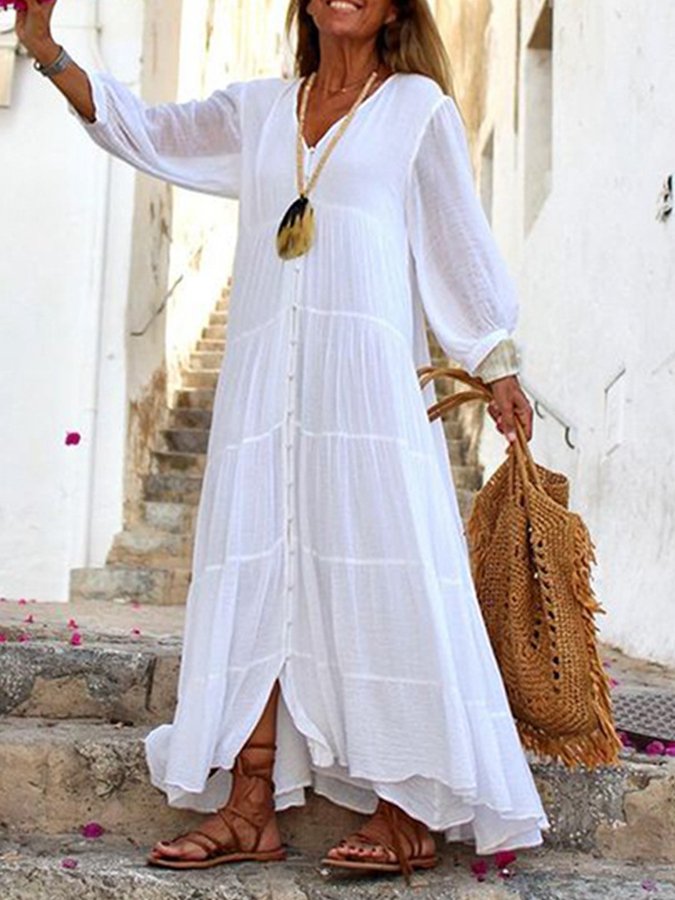 Women's V-Neck Long Sleeve Boho Cotton Linen Dress