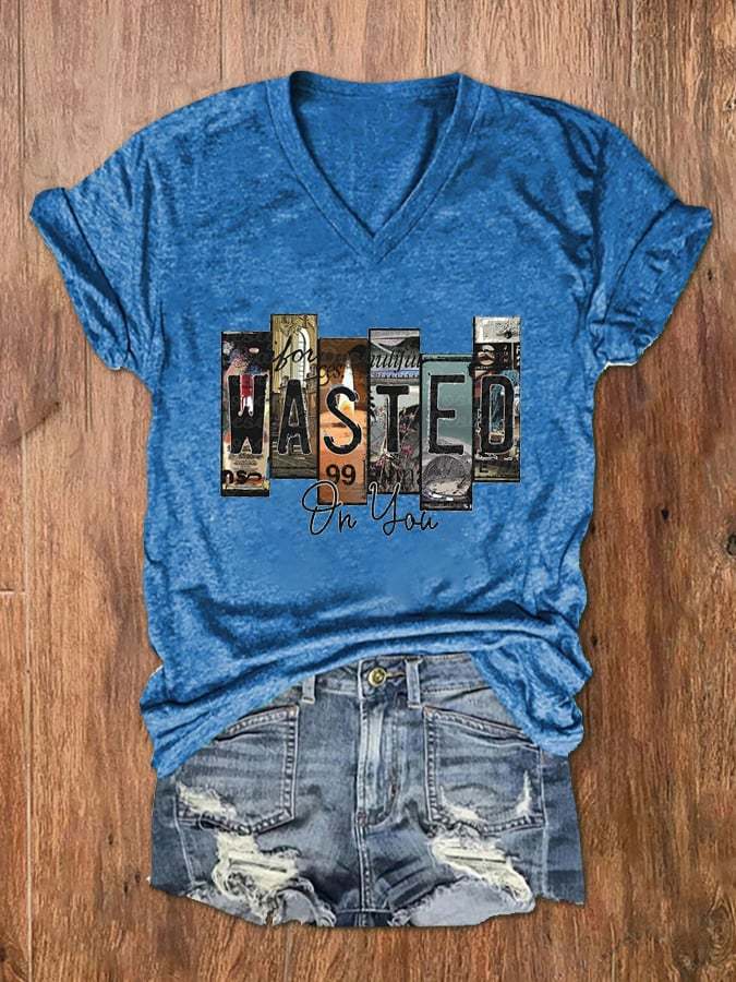 Women's Wallen Wasted On You Print V-Neck Basic T-Shirt