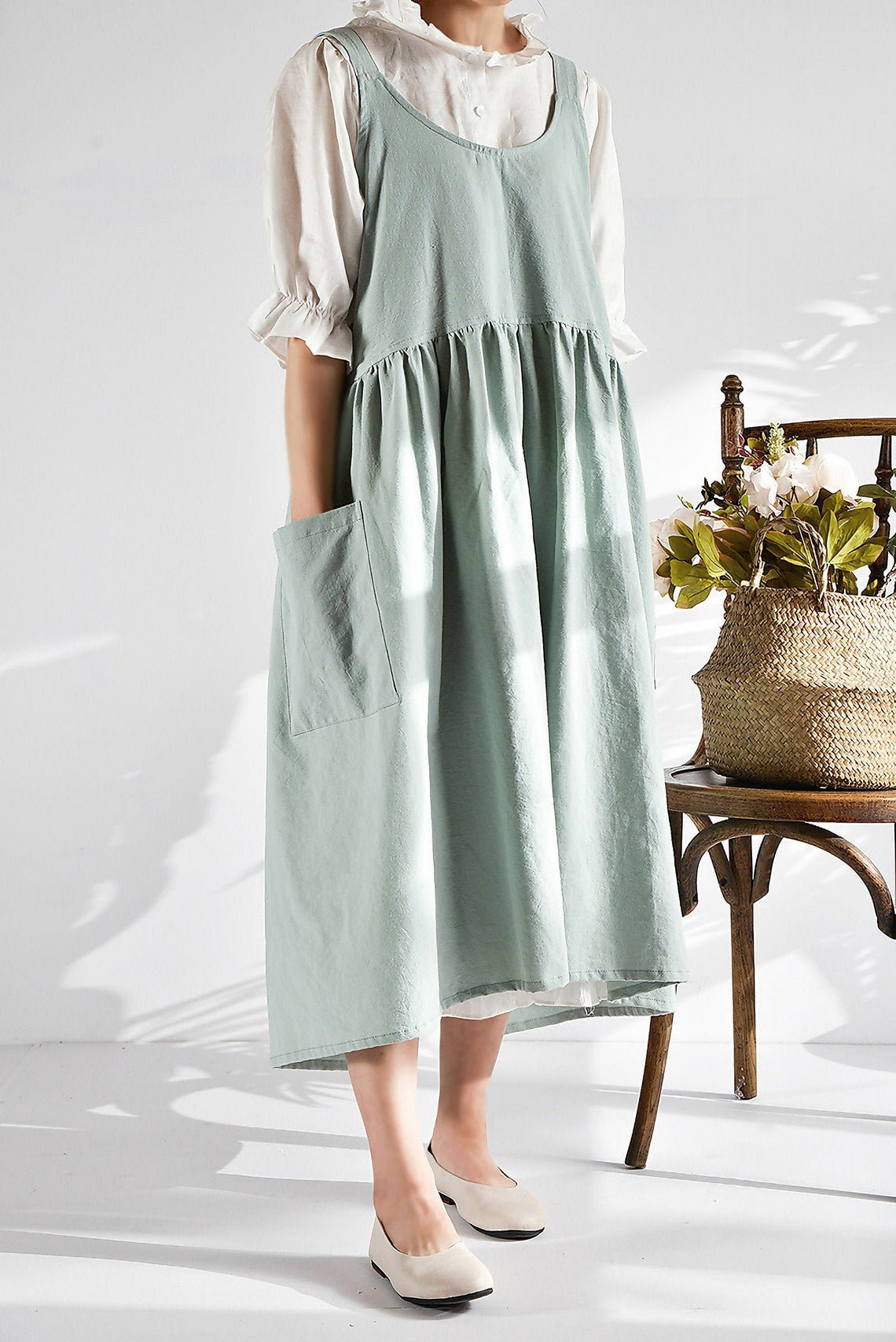 Women Solid Pocket Decor Sleeveless Cotton and Linen Overall Dress