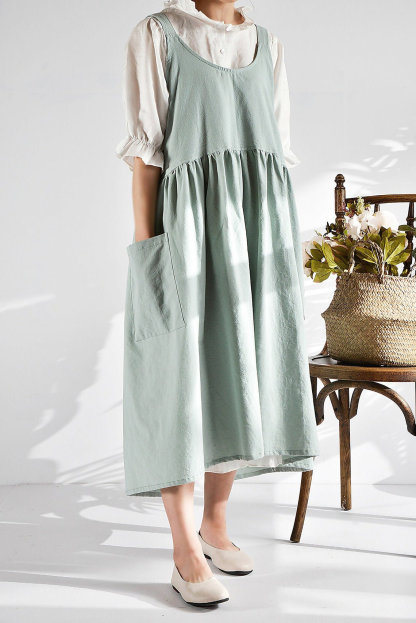 Women Solid Pocket Decor Sleeveless Cotton and Linen Overall Dress