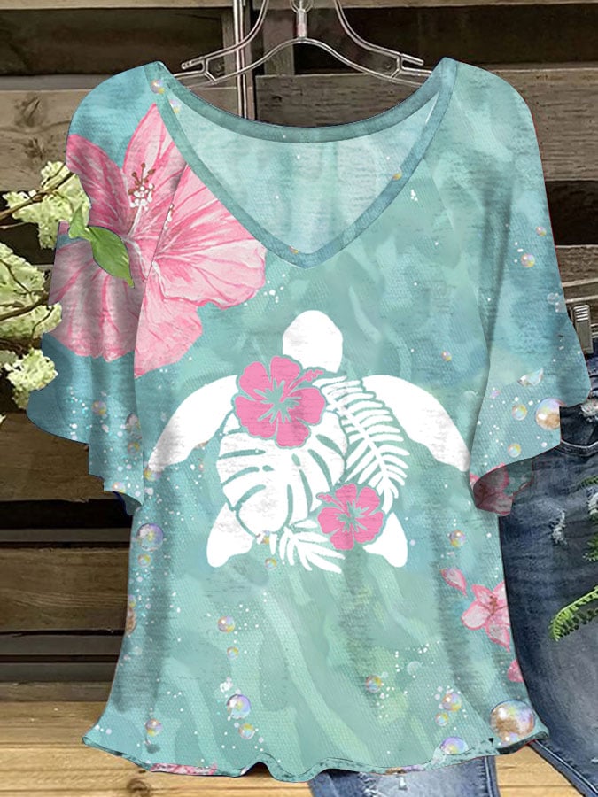 Women's Manta Ray Maui Hibiscus Print V-Neck Ruffle Sleeve T-Shirt