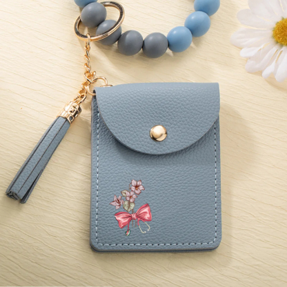 Personalized Birth Flower Bow-knot Stethoscope Tassel Keychain Wristlet Leather Wallet  Gift