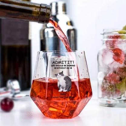 Personalized 1-4 Pet Portraits Diamond Shaped 10oz Whiskey Glasses and Slate Coaster with Name and Text Birthday Gift for Dog Cat Lovers