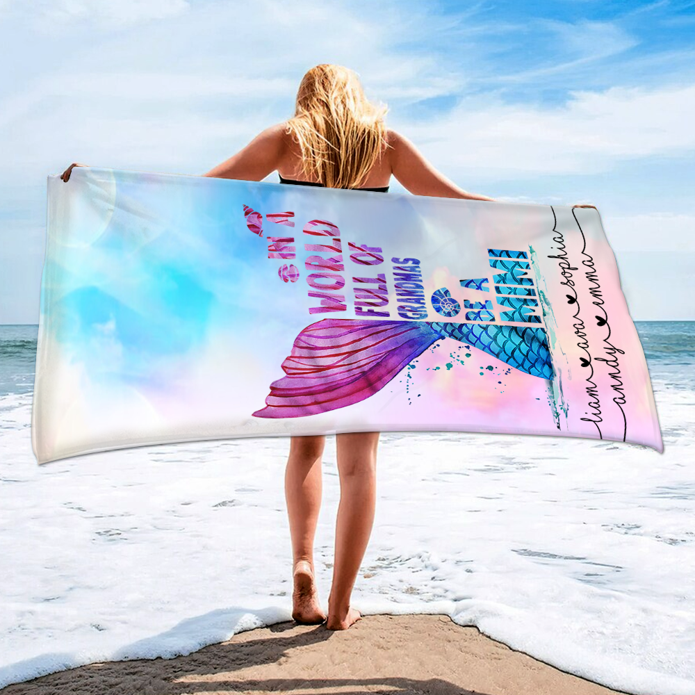 Mermaid Beach Towels, Personalized, Gifts for Grandma in a World Full of Grandmas Be a Mimi and Kids, Bath Towels for Summer Colors