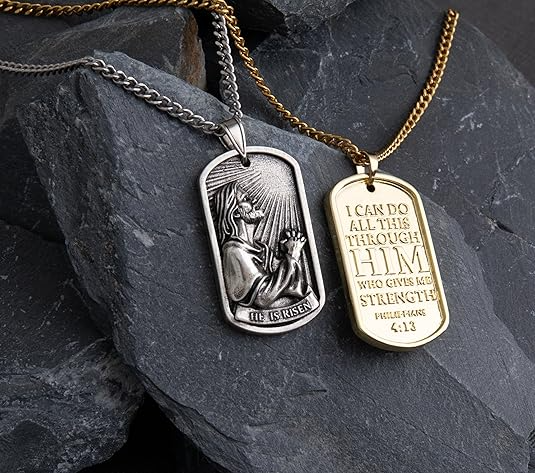 Jesus Necklace for Men – with Image of Jesus Praying & Philippians 4:13 (NIV) Celebrate His Resurrection