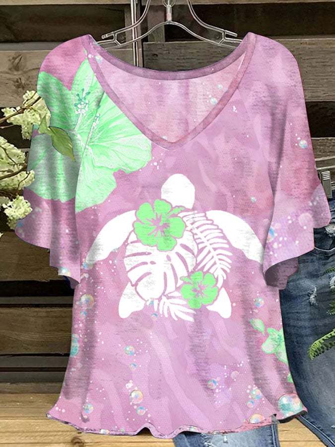 Women's Manta Ray Maui Hibiscus Print V-Neck Ruffle Sleeve T-Shirt