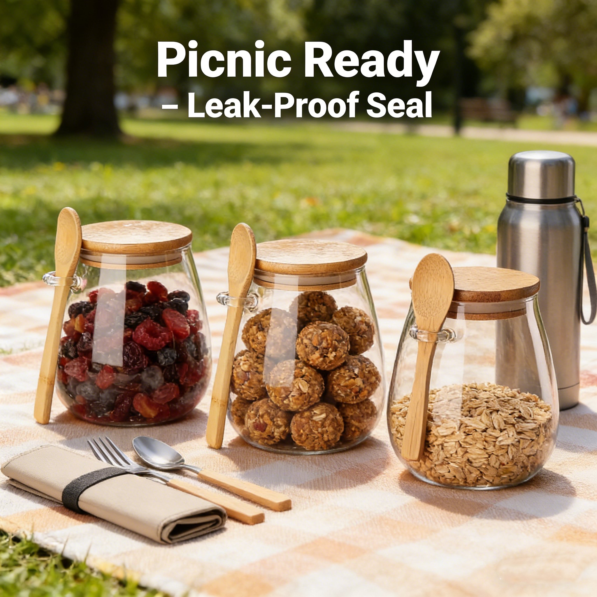 Sealed Glass Storage Jar with Bamboo Lid, Leak-Proof, Wide Mouth Design, Spoon Included 🍶🌿