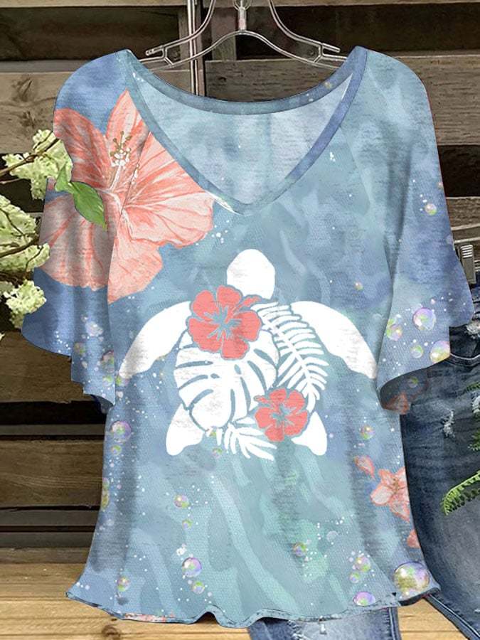 Women's Manta Ray Maui Hibiscus Print V-Neck Ruffle Sleeve T-Shirt