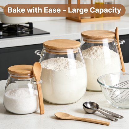 Sealed Glass Storage Jar with Bamboo Lid, Leak-Proof, Wide Mouth Design, Spoon Included 🍶🌿