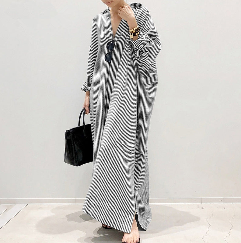 New cotton and linen striped cardigan loose large size temperament commuter irregular dress