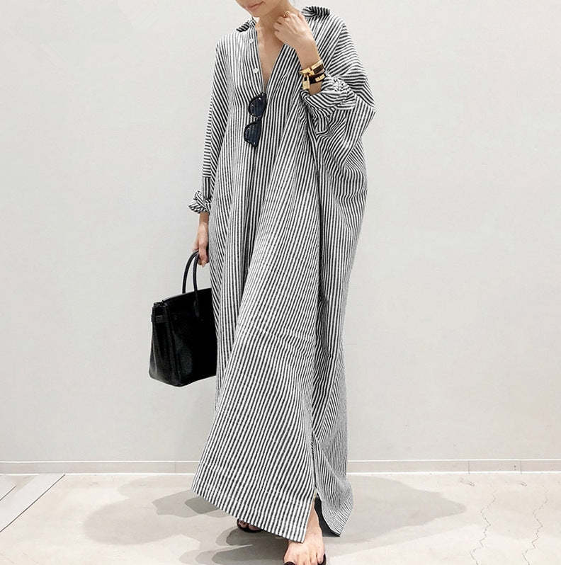 New cotton and linen striped cardigan loose large size temperament commuter irregular dress