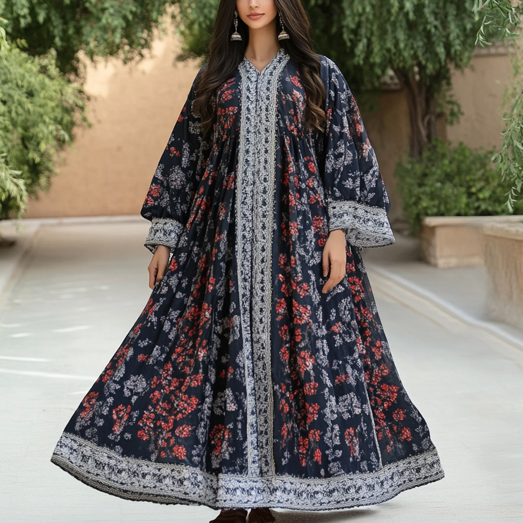 Women's Middle Eastern Floral Print Contrast Color Stitching Temperament Four Seasons Robe Dress