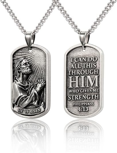 Jesus Necklace for Men – with Image of Jesus Praying & Philippians 4:13 (NIV) Celebrate His Resurrection