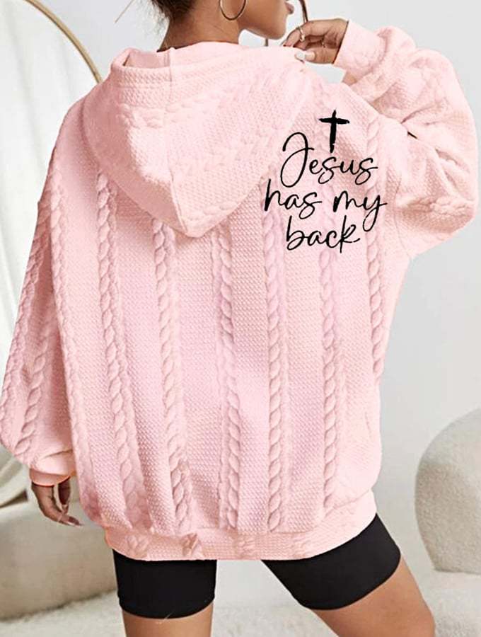 Women's Faith Jesus Has My Back Printed Casual Cable Hoodie