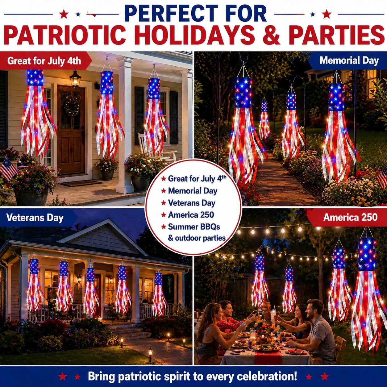 💈💈3 Pack 50 Inch Large American Flag Windsocks with Red White Blue Lights