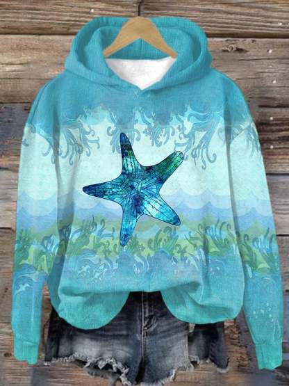 Women's Casual Sea Turtle Print Hooded Long Sleeve Sweatshirt