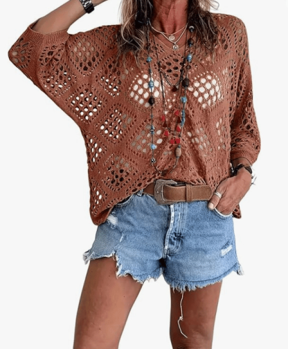 Women's Bohemian-Inspired Beige Crochet Top with V-Neck
