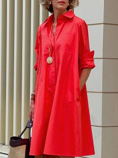 Women Casual Long Sleeves Shirt Collar Solid Short Dress