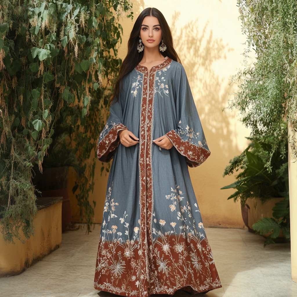 Women's Middle Eastern Floral Print Contrast Color Stitching Temperament Four Seasons Robe Dress