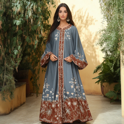 Women's Middle Eastern Floral Print Contrast Color Stitching Temperament Four Seasons Robe Dress