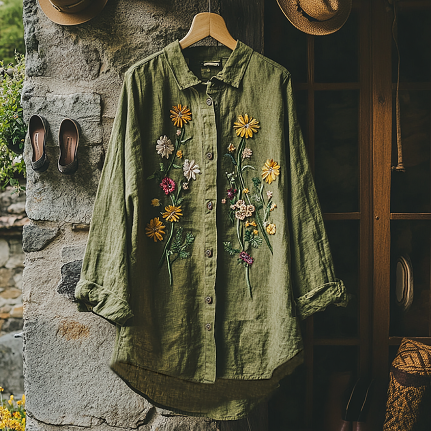 Casual Floral Print Buttoned Cotton Linen Long Skirt Dress