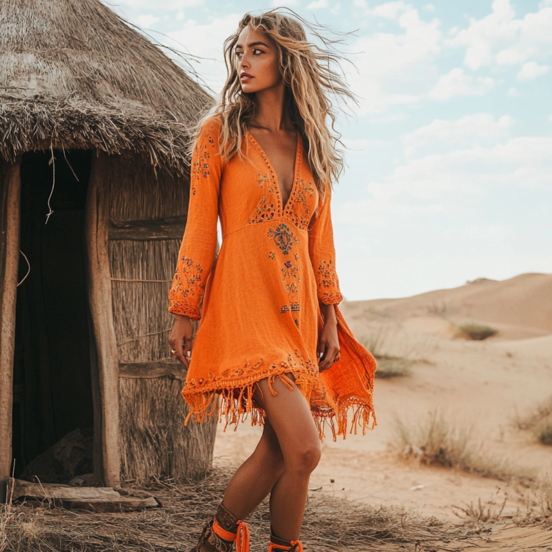 Women's Bohemian Orange Embroidered Dress With Tassels