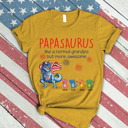 Personalized Shirt, 4th Of July, Papasaurus Shirt, Independence Day, American Flag, Customized Names with Grandkids