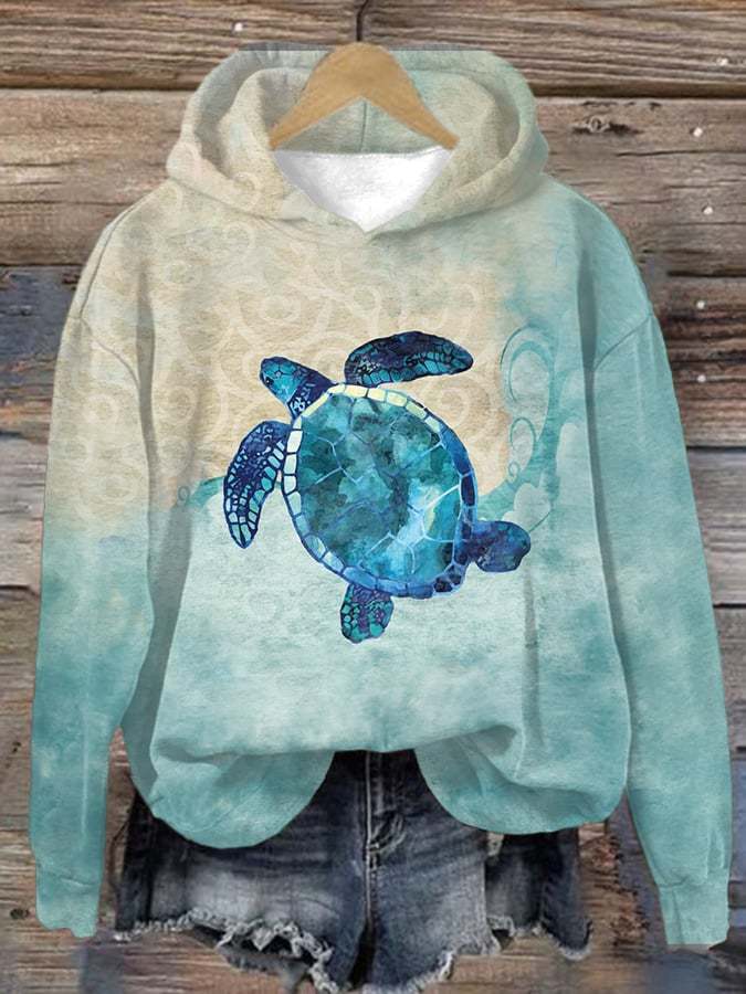 Women's Casual Sea Turtle Print Hooded Long Sleeve Sweatshirt