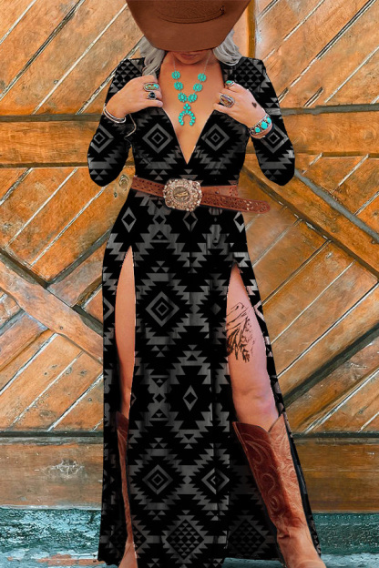 Women's Vintage Aztec Print V-Neck Slit Dress