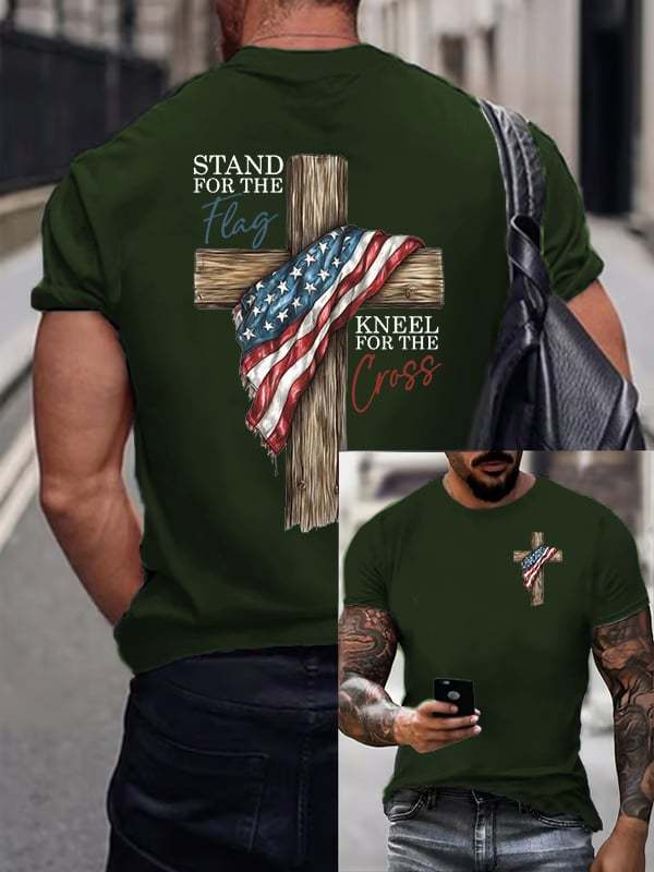 Men's Stand For The Flag Kneel For The Cross Printed Casual T-Shirt