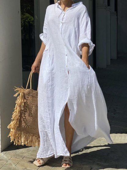 Casual Solid Color Stand Collar Slit Cotton And Linen Dress