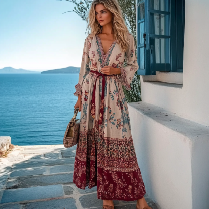 Women's V-neck Bohemian Vacation Style Maxi Dress