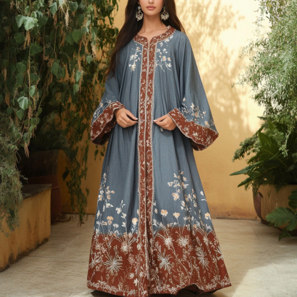Women's Middle Eastern Floral Print Contrast Color Stitching Temperament Four Seasons Robe Dress