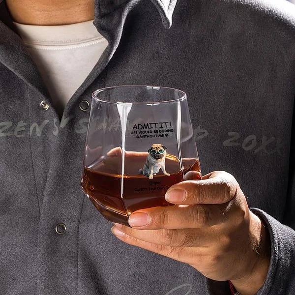 Personalized 1-4 Pet Portraits Diamond Shaped 10oz Whiskey Glasses and Slate Coaster with Name and Text Birthday Gift for Dog Cat Lovers