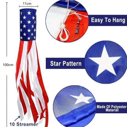 💈💈3 Pack 50 Inch Large American Flag Windsocks with Red White Blue Lights