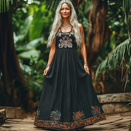 Women's Elegant Bohemian Floral Sleeveless A-Line Linen Maxi Dress
